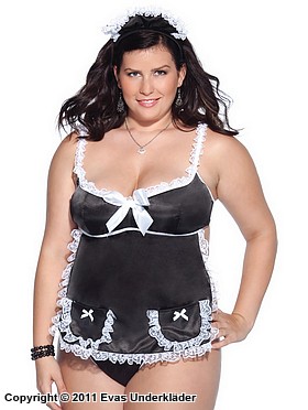 French maid, kostyme-undertøy, kniplinger, stort bånd, plus size